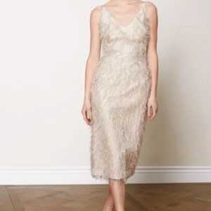 Fiona Beige Metallic Faux Feather Midi Dress (XS)